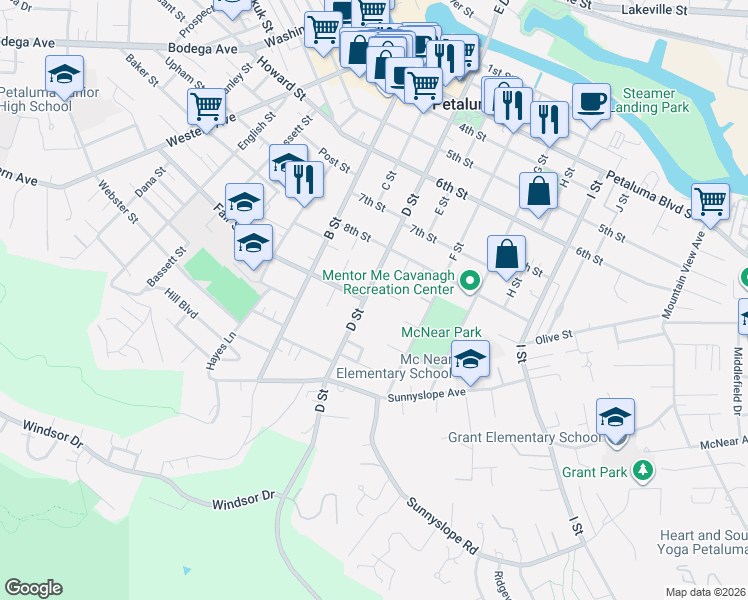 map of restaurants, bars, coffee shops, grocery stores, and more near 15 Brown Court in Petaluma