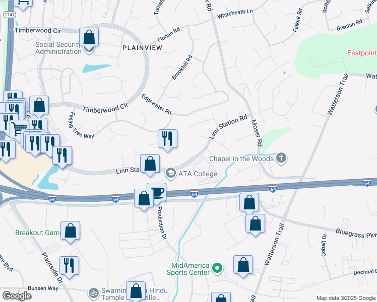 map of restaurants, bars, coffee shops, grocery stores, and more near 10451 Linn Station Road in Louisville