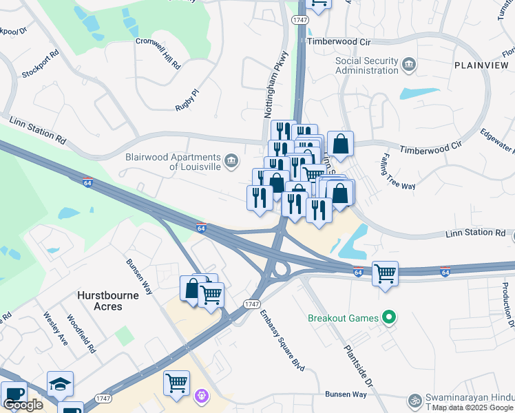 map of restaurants, bars, coffee shops, grocery stores, and more near 9797 Blairwood Access Way in Louisville