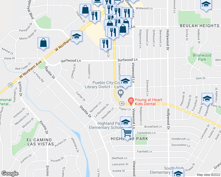 map of restaurants, bars, coffee shops, grocery stores, and more near 4001 O'neal Avenue in Pueblo