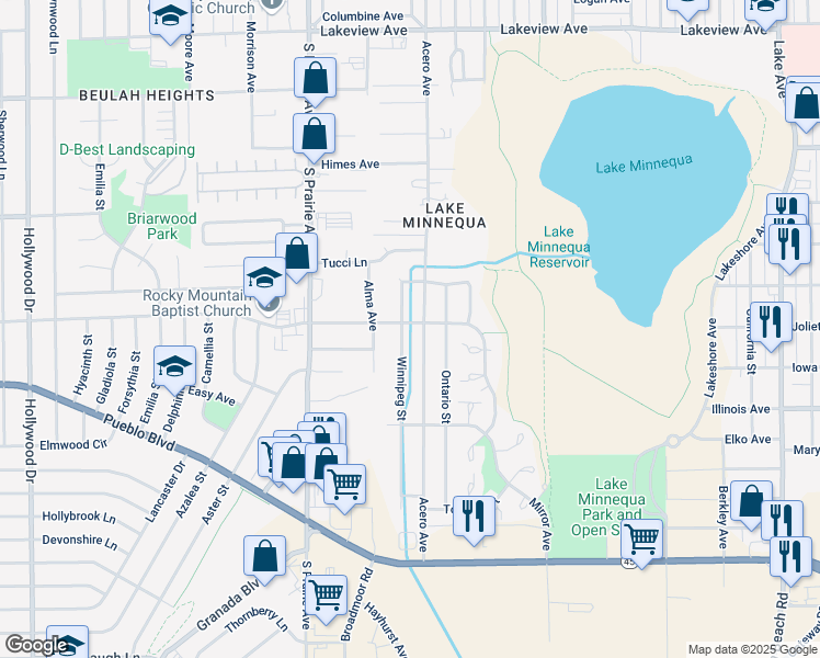 map of restaurants, bars, coffee shops, grocery stores, and more near 2502 Winnipeg St in Pueblo