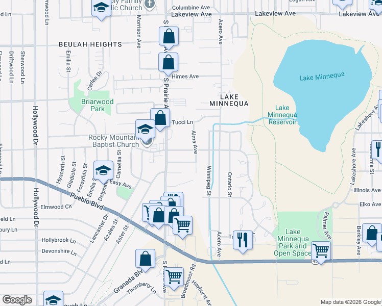 map of restaurants, bars, coffee shops, grocery stores, and more near 2606 O Neal Avenue in Pueblo