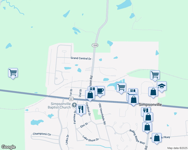 map of restaurants, bars, coffee shops, grocery stores, and more near 421 3rd Street in Simpsonville