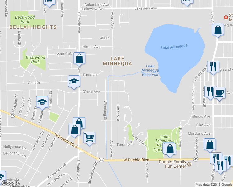 map of restaurants, bars, coffee shops, grocery stores, and more near 2501 Ontario Street in Pueblo