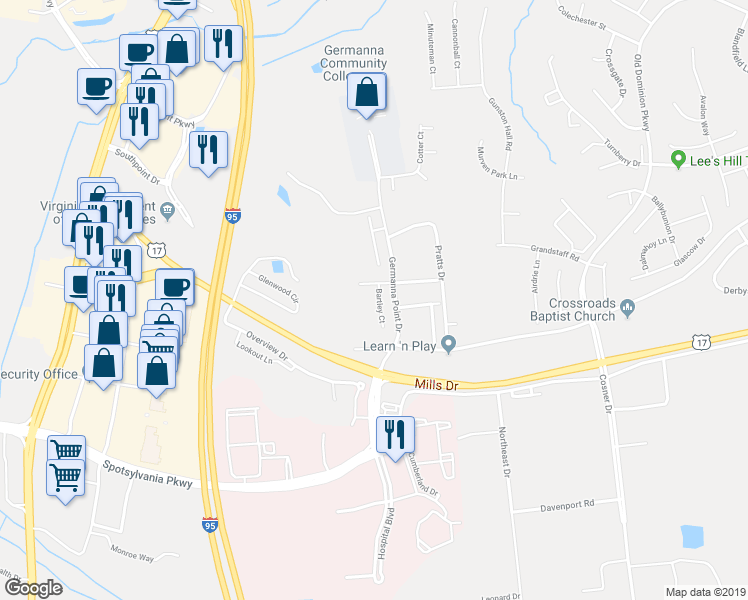 map of restaurants, bars, coffee shops, grocery stores, and more near 9828 Bartley Court in Fredericksburg