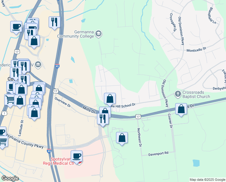 map of restaurants, bars, coffee shops, grocery stores, and more near 4527 Leighann Lane in Fredericksburg