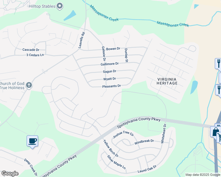 map of restaurants, bars, coffee shops, grocery stores, and more near 502 Pleasants Drive in Fredericksburg