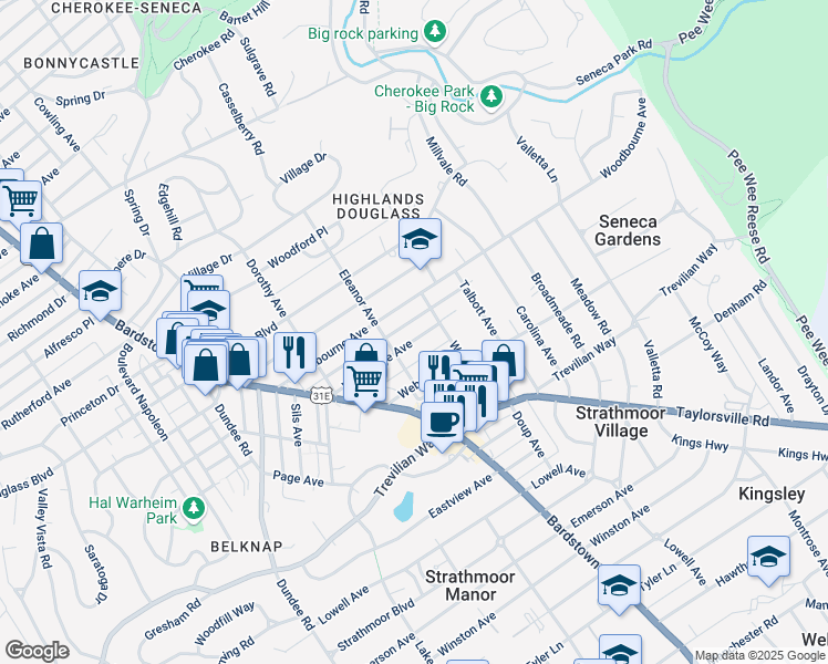map of restaurants, bars, coffee shops, grocery stores, and more near 2213 Wrocklage Avenue in Louisville