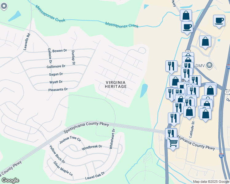 map of restaurants, bars, coffee shops, grocery stores, and more near 5226 East Philippi Place in Fredericksburg