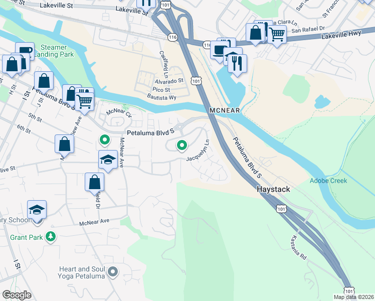 map of restaurants, bars, coffee shops, grocery stores, and more near 602 Jade Street in Petaluma