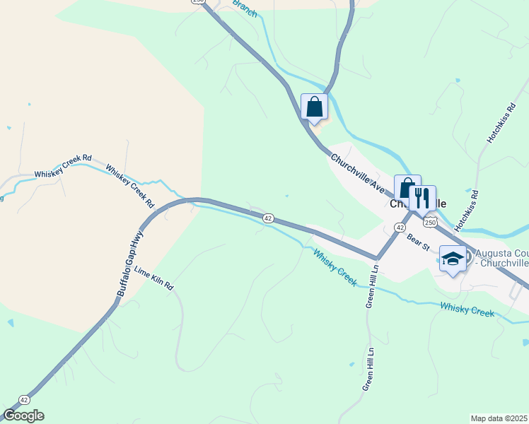 map of restaurants, bars, coffee shops, grocery stores, and more near Churchville Loop in Augusta County