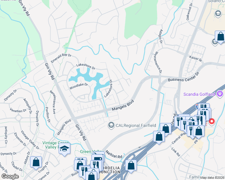 map of restaurants, bars, coffee shops, grocery stores, and more near 5023 Lakeshore Drive in Fairfield