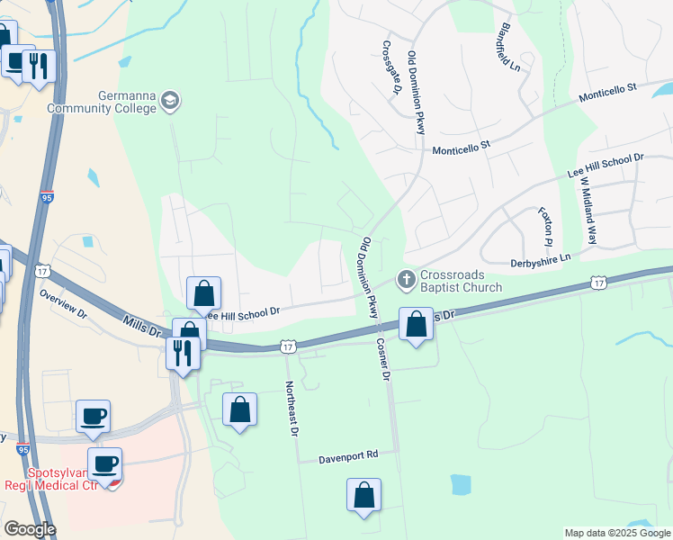 map of restaurants, bars, coffee shops, grocery stores, and more near 9408 Fyvie Lane in Fredericksburg