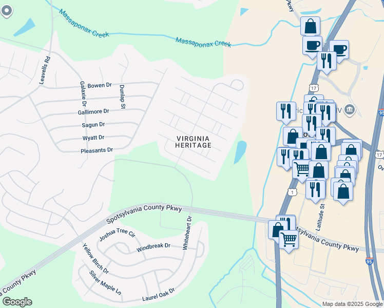 map of restaurants, bars, coffee shops, grocery stores, and more near 5226 East Philippi Place in Fredericksburg