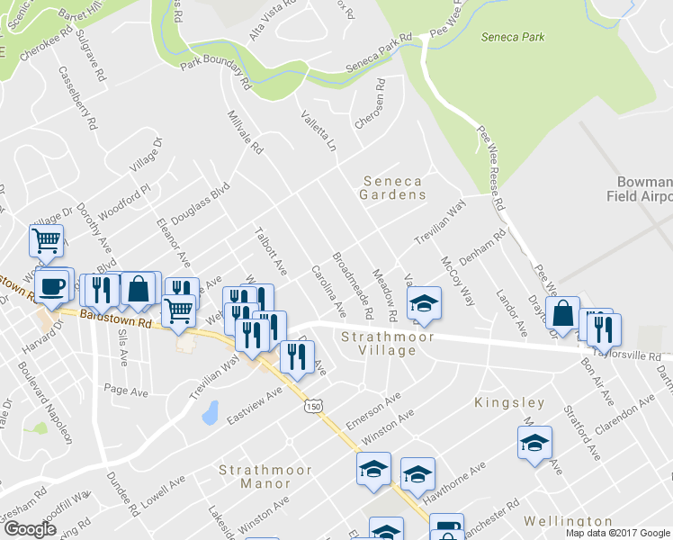 map of restaurants, bars, coffee shops, grocery stores, and more near 2508 Broadmeade Road in Louisville