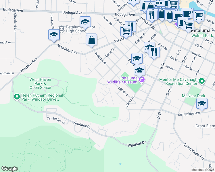 map of restaurants, bars, coffee shops, grocery stores, and more near 14 La Cresta Drive in Petaluma