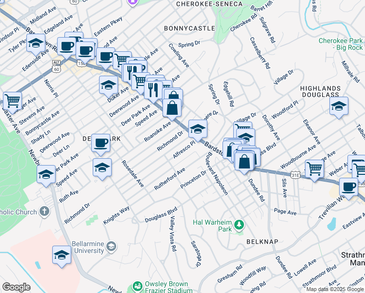 map of restaurants, bars, coffee shops, grocery stores, and more near 1927 Alfresco Place in Louisville