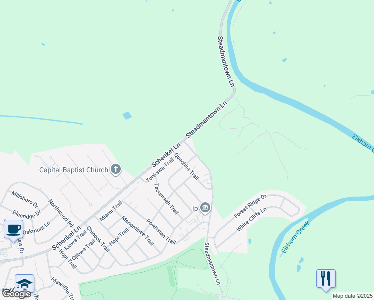 map of restaurants, bars, coffee shops, grocery stores, and more near 1607 Steadmantown Lane in Frankfort