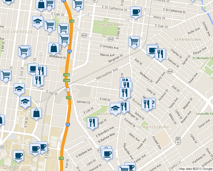 map of restaurants, bars, coffee shops, grocery stores, and more near 615 East Burnett Avenue in Louisville