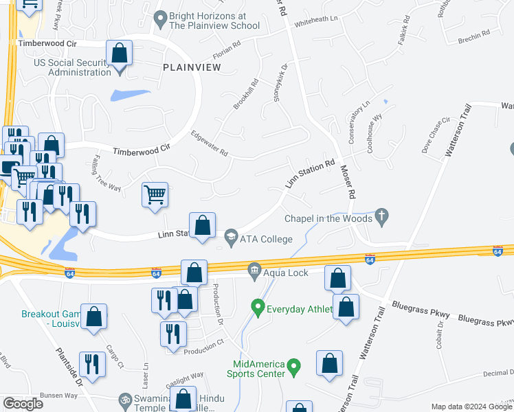 map of restaurants, bars, coffee shops, grocery stores, and more near 10451 Linn Station Road in Louisville