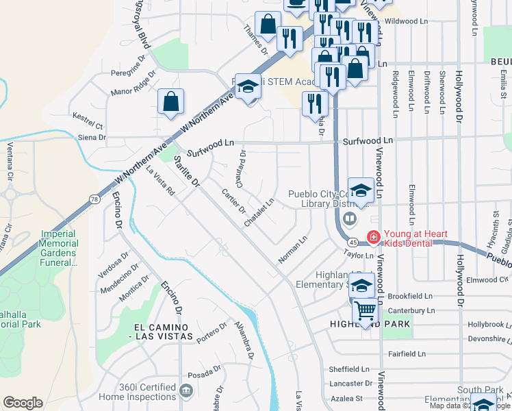 map of restaurants, bars, coffee shops, grocery stores, and more near 2141 Chautard Drive in Pueblo