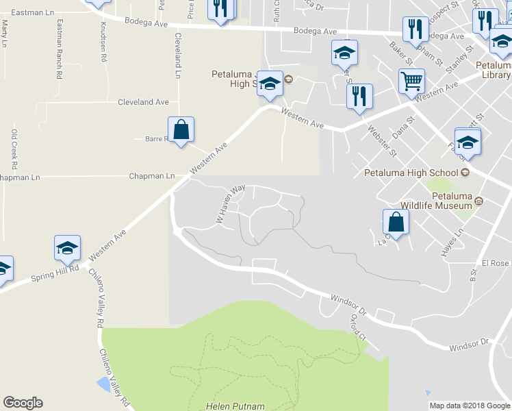 map of restaurants, bars, coffee shops, grocery stores, and more near 26 Iverson Way in Petaluma