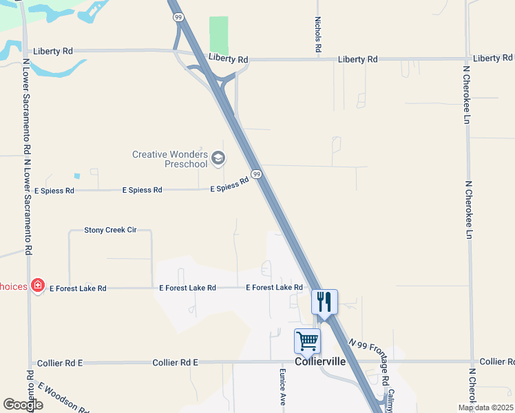 map of restaurants, bars, coffee shops, grocery stores, and more near 3364 East Spiess Road in Acampo