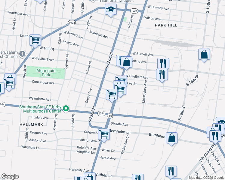 map of restaurants, bars, coffee shops, grocery stores, and more near 1811 Burwell Avenue in Louisville
