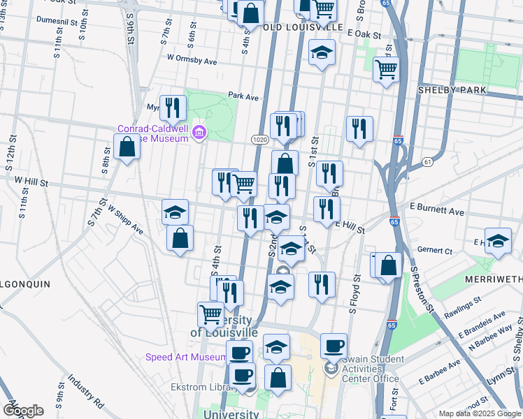 map of restaurants, bars, coffee shops, grocery stores, and more near 217 West Hill Street in Louisville