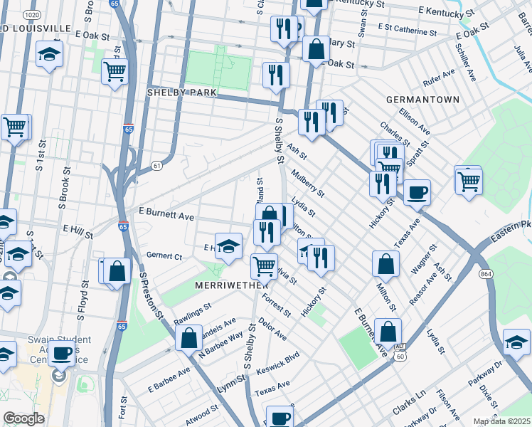 map of restaurants, bars, coffee shops, grocery stores, and more near 1458 South Shelby Street in Louisville
