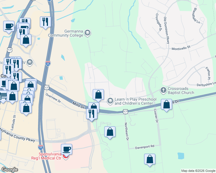 map of restaurants, bars, coffee shops, grocery stores, and more near 4503 Leighann Lane in Fredericksburg