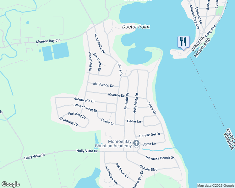 map of restaurants, bars, coffee shops, grocery stores, and more near 208 Monroe Point Drive in Colonial Beach
