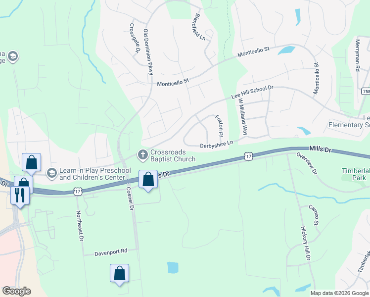 map of restaurants, bars, coffee shops, grocery stores, and more near 4110 Derbyshire Lane in Fredericksburg