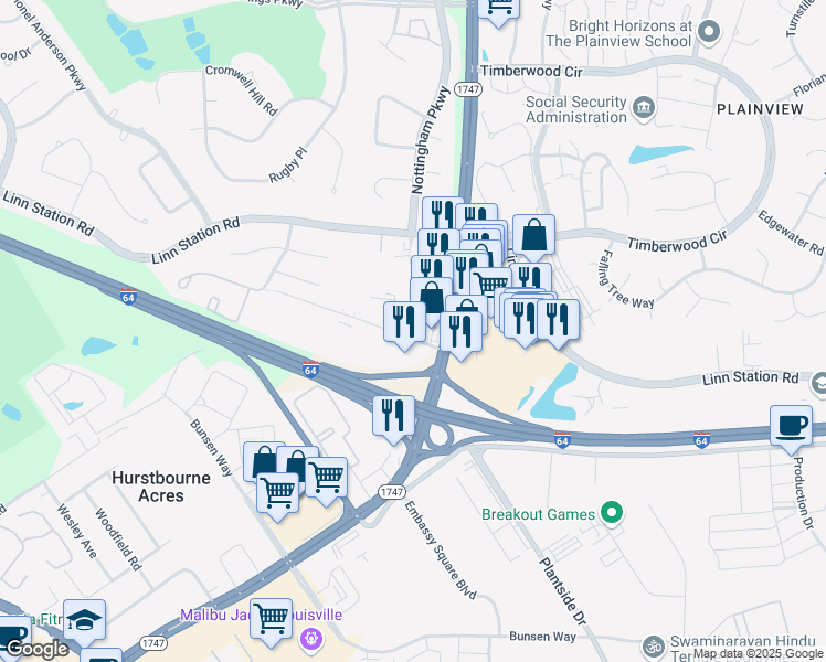map of restaurants, bars, coffee shops, grocery stores, and more near 9797 Blairwood Access Way in Louisville