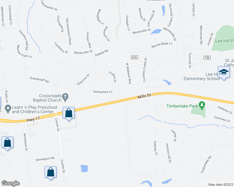 map of restaurants, bars, coffee shops, grocery stores, and more near 4010 Derbyshire Lane in Fredericksburg