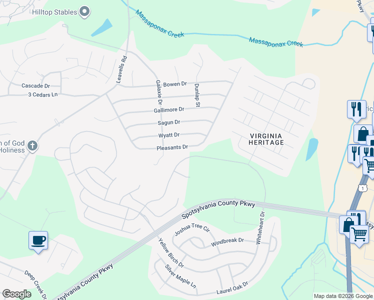 map of restaurants, bars, coffee shops, grocery stores, and more near 512 Pleasants Drive in Fredericksburg