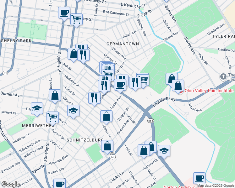 map of restaurants, bars, coffee shops, grocery stores, and more near 1128 Goss Ave in Louisville