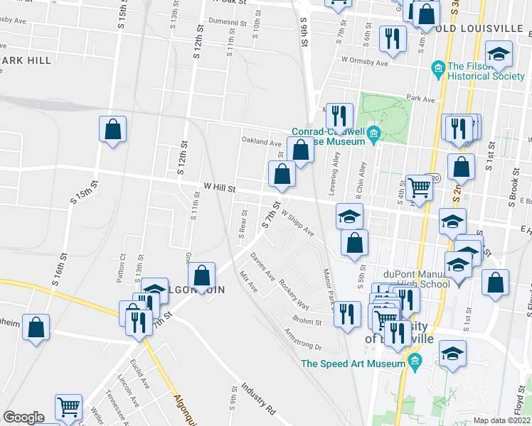 map of restaurants, bars, coffee shops, grocery stores, and more near 1512 South 7th Street in Louisville