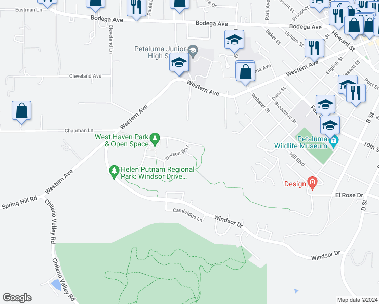map of restaurants, bars, coffee shops, grocery stores, and more near 2 Bentley Court in Petaluma
