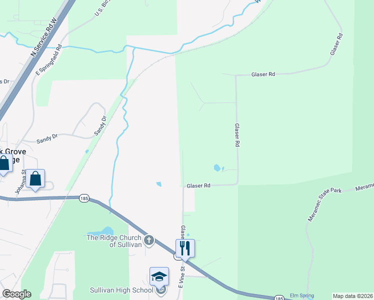 map of restaurants, bars, coffee shops, grocery stores, and more near 107 Glaser Road in Sullivan