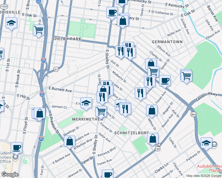 map of restaurants, bars, coffee shops, grocery stores, and more near 1449 South Shelby Street in Louisville