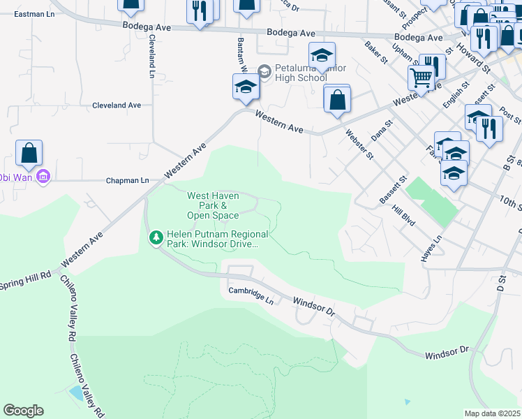 map of restaurants, bars, coffee shops, grocery stores, and more near 2 Bentley Court in Petaluma
