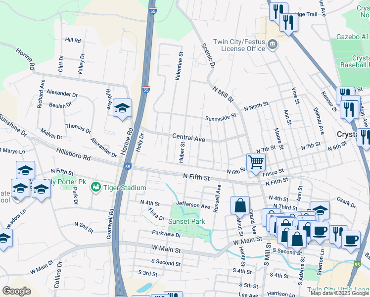 map of restaurants, bars, coffee shops, grocery stores, and more near 712 Huber Street in Festus
