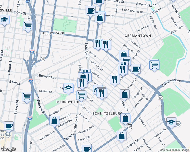 map of restaurants, bars, coffee shops, grocery stores, and more near 919 Lydia Street in Louisville
