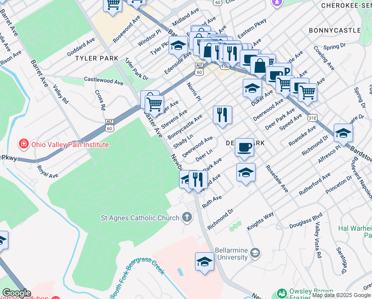 map of restaurants, bars, coffee shops, grocery stores, and more near 1613 Deerwood Avenue in Louisville
