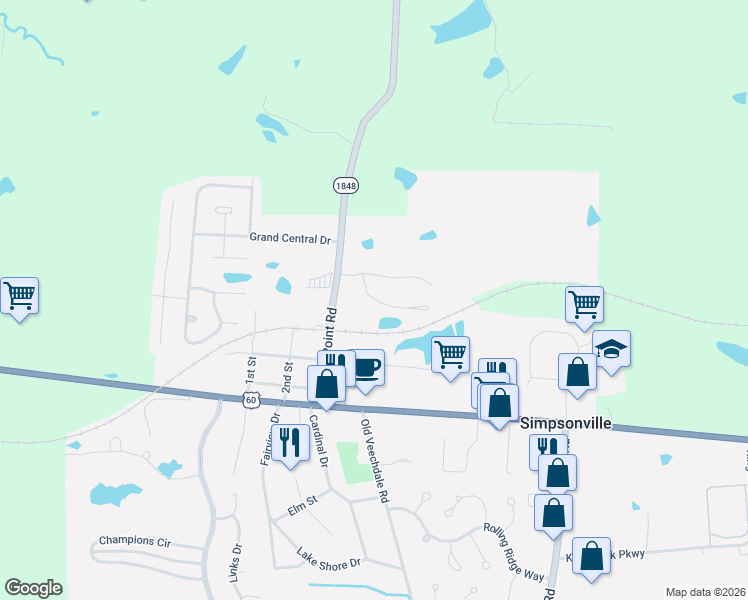 map of restaurants, bars, coffee shops, grocery stores, and more near 832 Garden Pointe Drive in Simpsonville
