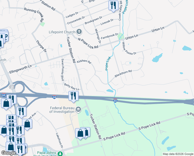 map of restaurants, bars, coffee shops, grocery stores, and more near 1102 Blackthorn Road in Louisville