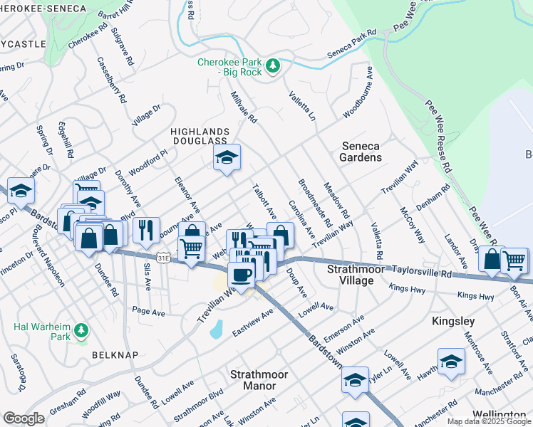 map of restaurants, bars, coffee shops, grocery stores, and more near 2234 Talbott Avenue in Louisville