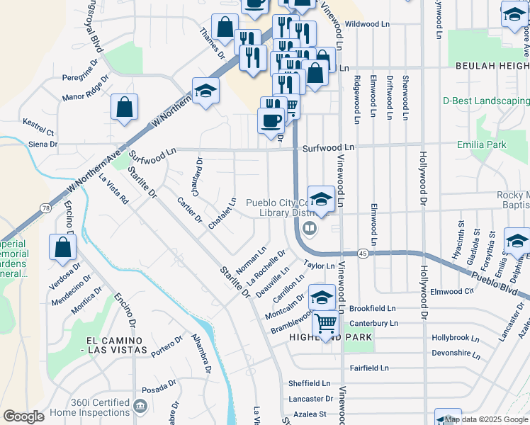 map of restaurants, bars, coffee shops, grocery stores, and more near 4013 O Neal Avenue in Pueblo