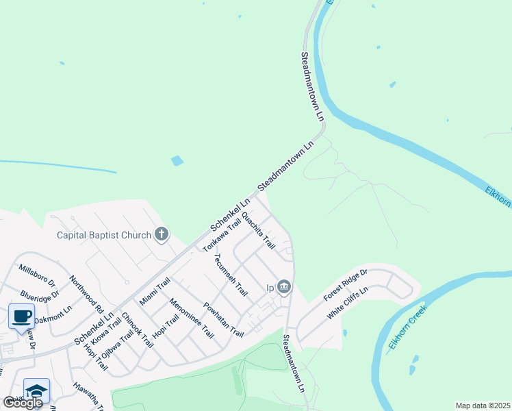 map of restaurants, bars, coffee shops, grocery stores, and more near 1607 Steadmantown Lane in Frankfort